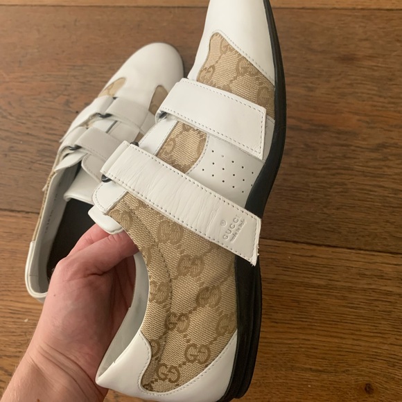 Gucci White-Beige GG Canvas and Leather Velcro Sneakers - Picture 2 of 5
